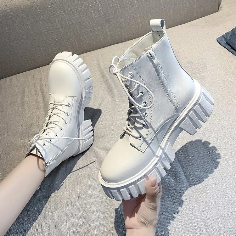 Thick Bottom Lace-up Martin Boots Women's  Autumn and Winter New Korean Style Leather Women's Boots Comfortable Soft Bottom Women's Mid Boots Women's