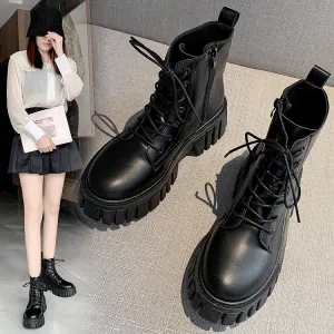 Thick Bottom Lace-up Martin Boots Women's  Autumn and Winter New Korean Style Leather Women's Boots Comfortable Soft Bottom Women's Mid Boots Women's