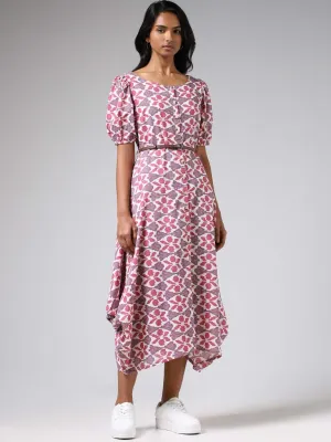 Utsa Pink Printed Cotton Button-Down Dress with Belt