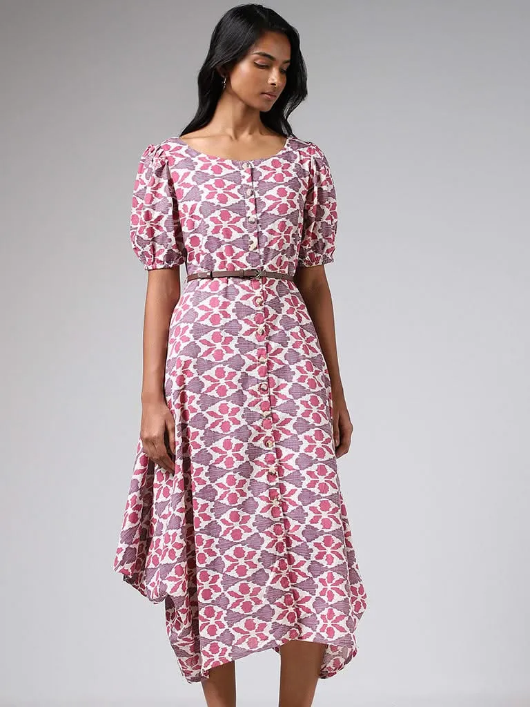 Utsa Pink Printed Cotton Button-Down Dress with Belt