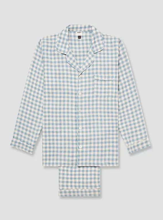 Warm Blue Gingham Linen Pyjama Trouser Set