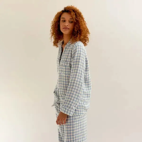 Warm Blue Gingham Linen Pyjama Trouser Set