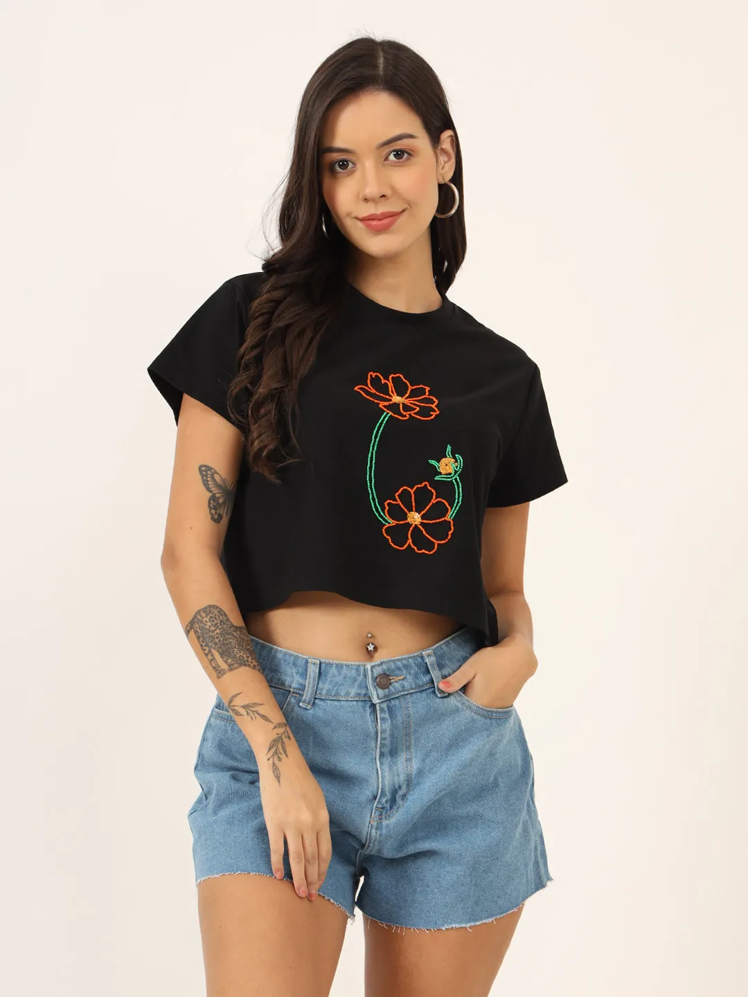 Women Beads Work Crop T-Shirt