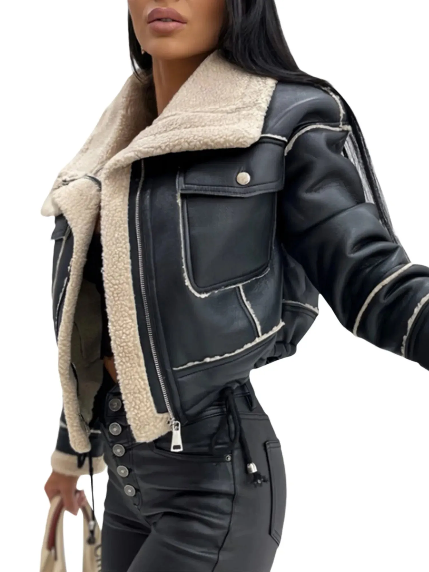 Women Faux Leather Jacket Coat Warm Winter Outerwear*