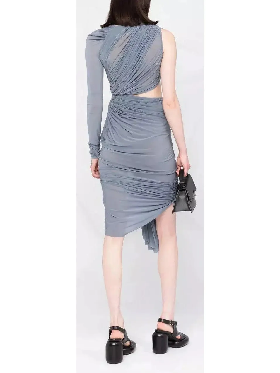 Women’s Asymmetric One-Shoulder Ruched Midi-Dress, Gray