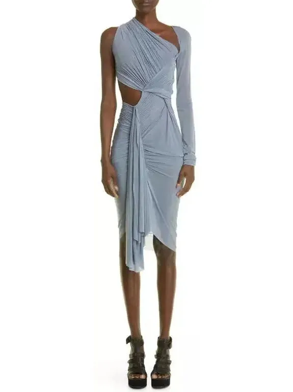 Women’s Asymmetric One-Shoulder Ruched Midi-Dress, Gray