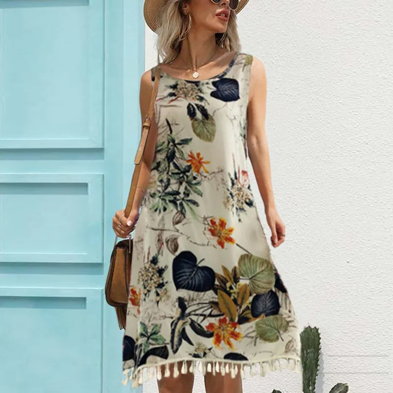 Women's Loose Casual Tassel Printed Dress