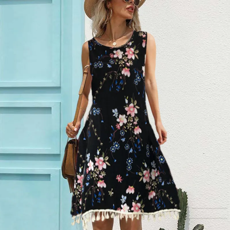 Women's Loose Casual Tassel Printed Dress