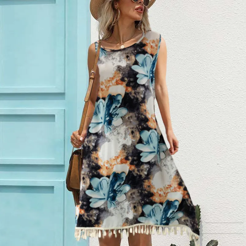 Women's Loose Casual Tassel Printed Dress