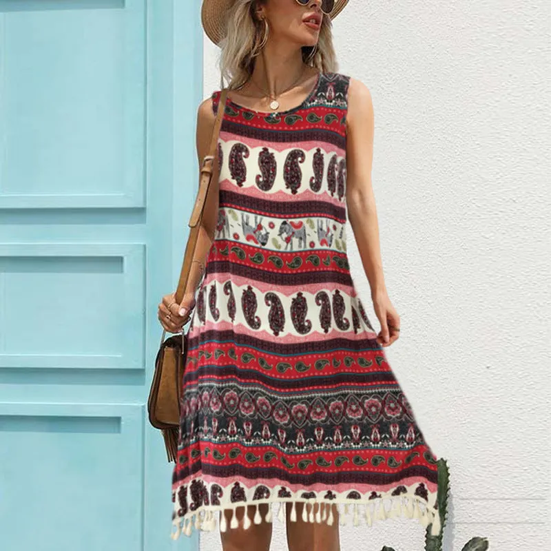 Women's Loose Casual Tassel Printed Dress