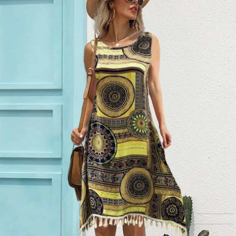 Women's Loose Casual Tassel Printed Dress