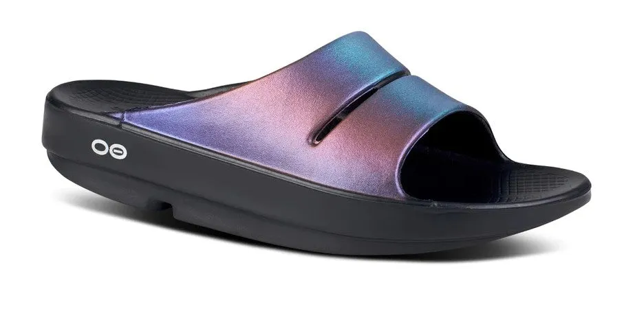 Women's Oofos Ooahh Luxe Slide 1101MDNHTSPEC Color:  Midnight Spectre