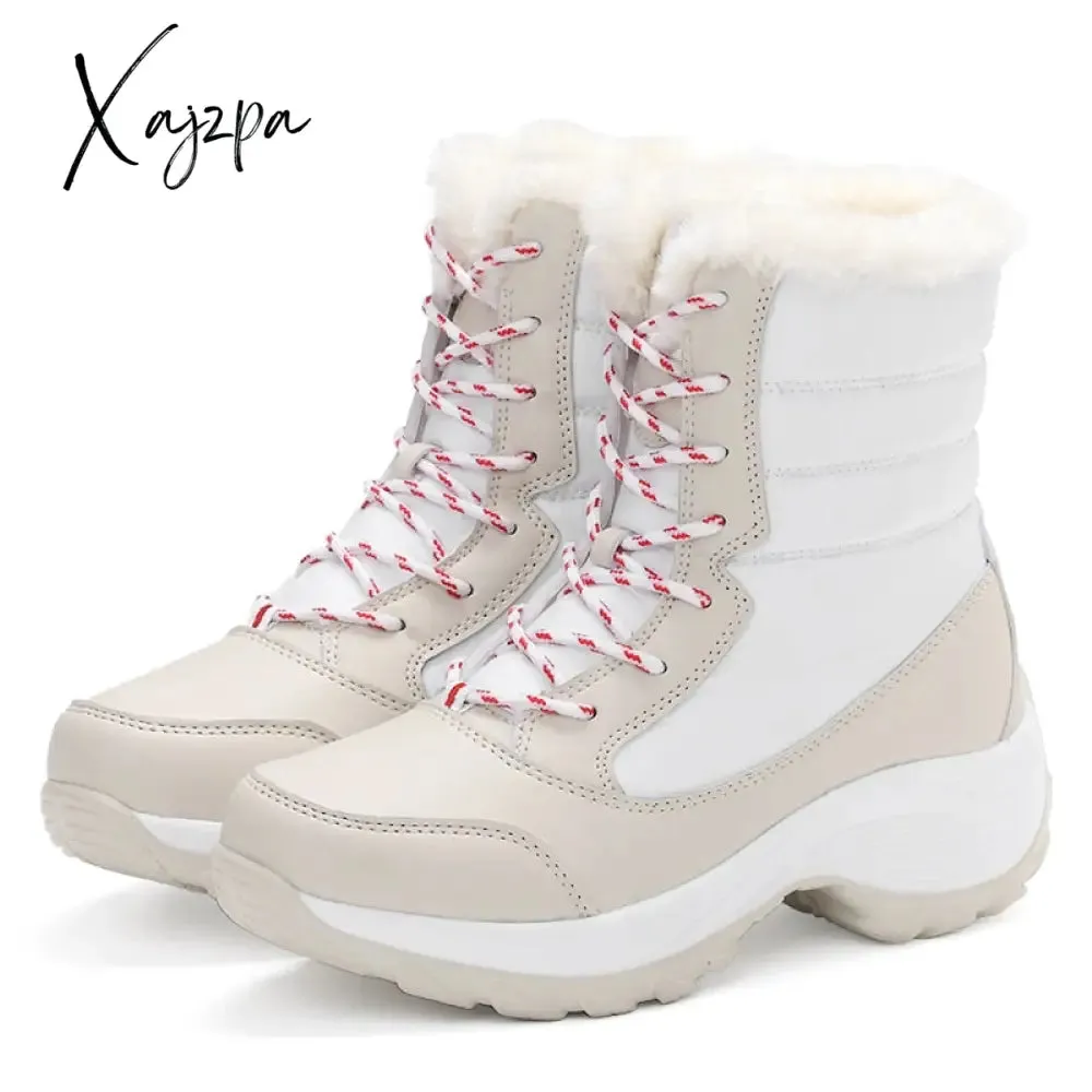 Xajzpa - Snow Boots Women Winter Platform Thigh High Boots Flat Quality Keep Warm Black New Ladies Lace-up Comfortable Leather Boots