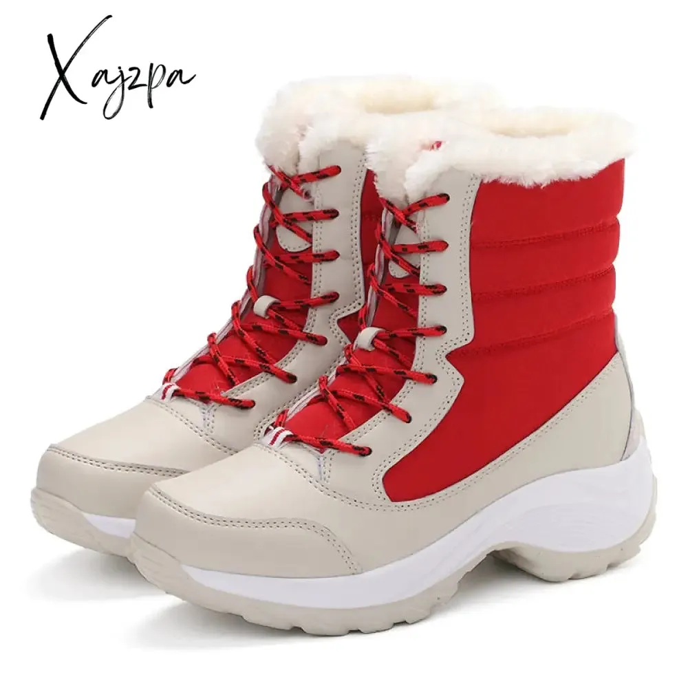 Xajzpa - Snow Boots Women Winter Platform Thigh High Boots Flat Quality Keep Warm Black New Ladies Lace-up Comfortable Leather Boots